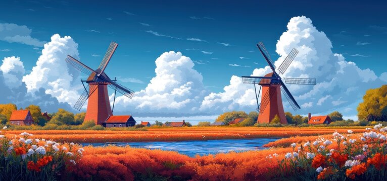 Idyllic Dutch Windmill Landscape: A Serene Autumn Day