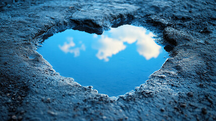 A small puddle on the ground reflects a vivid blue sky above, symbolizing optimism, clarity, and the promise of a brighter future despite humble or overlooked beginnings.


