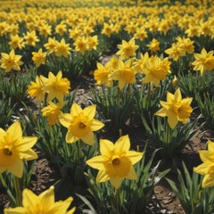 Obraz premium Sunlit field of vibrant yellow daffodils, petals gleaming , natural beauty, detail, macro