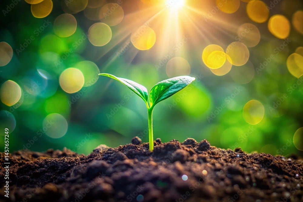 Poster close-up green seedling sprout emerging from soil with bokeh background - space for text