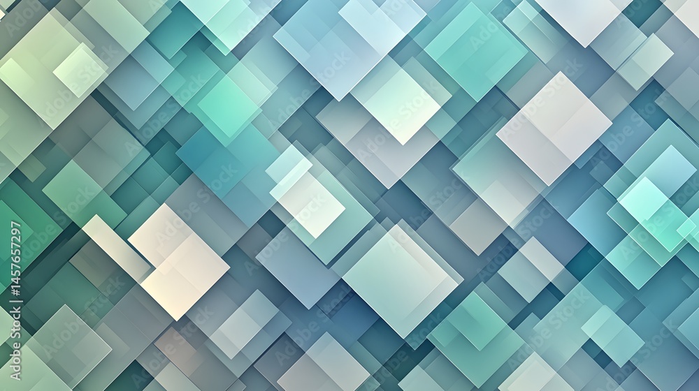 Poster abstract geometric pattern of layered squares in cool tones.