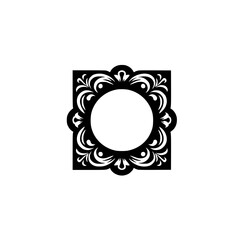 Ornate Black & White Frame, Decorative Flourishes, Blank Circle, Elegant Design