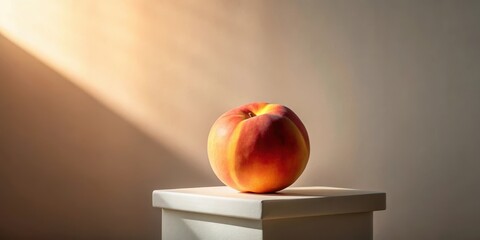 A single peach half displayed on a simple pedestal, illuminated from within by soft sunlight casting an ethereal glow, creating a sense of stillness and calm , minimalist style, peaceful ambiance