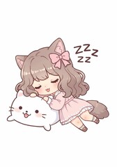 Fototapeta premium Chibi girl with cat ears napping peacefully on a cat-shaped pillow, evoking a sense of cuteness, tranquility, and the sweet innocence of childhood dreams