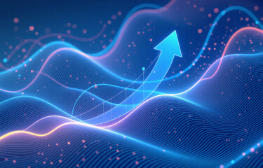 Fototapeta premium Abstract image depicting upward trend. Glowing blue arrow ascends amidst flowing, luminous waves of pink and blue, suggesting growth, progress, and positive change.