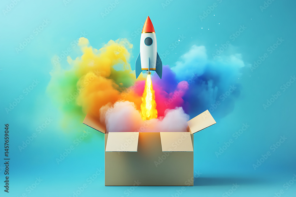 Poster colorful rocket launching from an open box, creating vibrant smoke in a playful setting