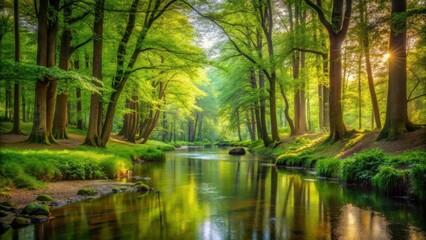 Obraz premium A peaceful forest scene with a gentle stream and lush greenery, surrounded by tall trees with their leaves rustling softly in the breeze , mindfulness, relaxation
