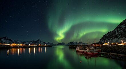 Spectacular Green Aurora Borealis Display Over Lofoten Village Norway With Snowy Mountains and Calm Water Reflections at Night