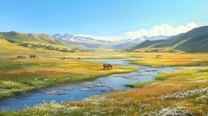 Fototapeta premium Picturesque mountain valley with horses and a stream.