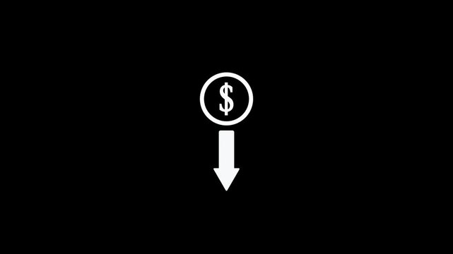 Money reduction icon. Dollar currency price drop concept. Money loss. Cash with down arrow stocks graph, concept of financial crisis, market fall.