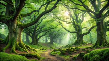 Naklejka premium Dense foliage and twisted tree trunks create a mystical atmosphere in this serene green woods panorama, landscape, verdant