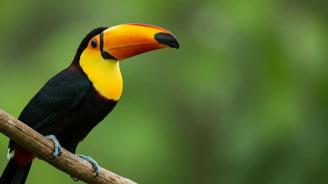Close up Toco Toucan perching on branch. Wildlife video of Ramphastos toco against blurred green background. Tropical fauna footage with copy space on the right.