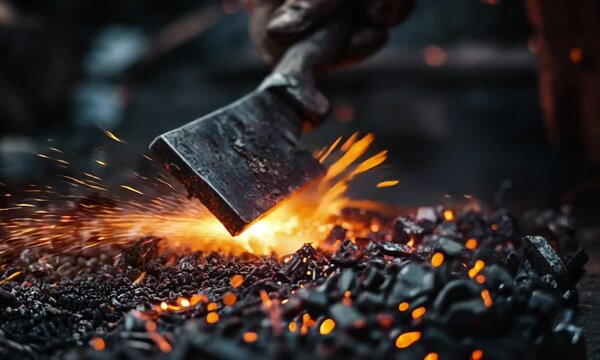 A close-up of a blacksmith striking metal, surrounded by sparks and fire.