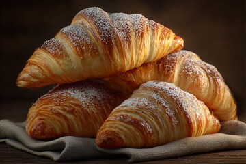 Morning Delight: Golden Flaky Croissants with Powdered Sugar in Soft Ambient Light (4K Ultra-Detailed Food Art)