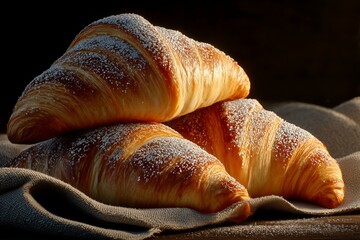 Morning Delight: Golden Flaky Croissants with Powdered Sugar in Soft Ambient Light (4K Ultra-Detailed Food Art)
