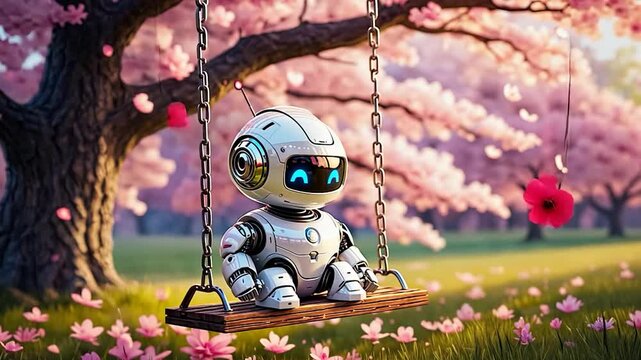 Cute robot swing in cherry blossom garden.  Possible use Children's book illustration