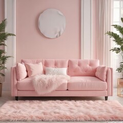 Pastel pink sofa, fluffy rug, soft light, stylish decor, blanket, cozy, pink