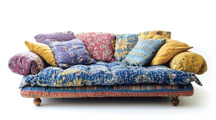 Fototapeta premium Colorful patchwork sofa with layered cushions