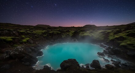 Naklejka premium Stunning Turquoise Geothermal Pool Surrounded by Black Lava Rocks Under Starry Night Sky in Iceland Landscape