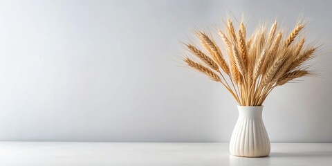 Fresh wheat ears placed in a sleek, white modern vase with clean lines and minimalist decor, against a soft focus background , grainphotography, floralarrangement