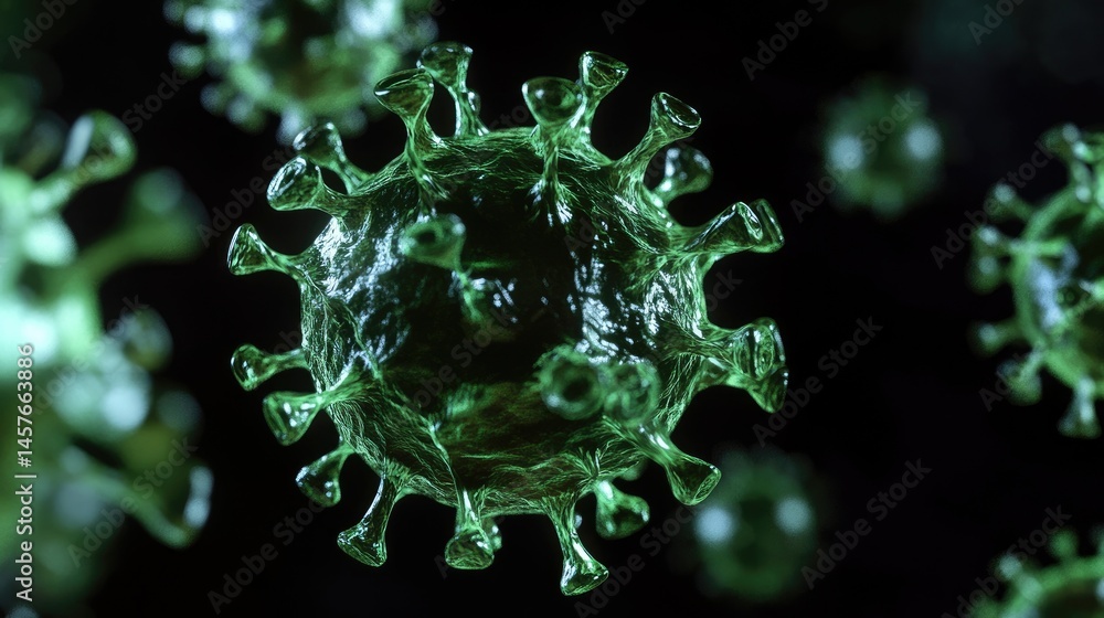 Poster a detailed close-up of a translucent virus structure floating amidst a blurred. colorful background.