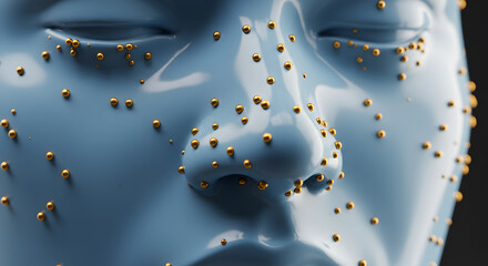 Close Up Blue Glossy Face with Golden Spheres Skin Abstract Futuristic Cosmetic Beauty Model Studio Shot