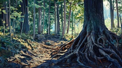 Fototapeta premium Forest path illuminated by sunlight, with a massive tree's roots
