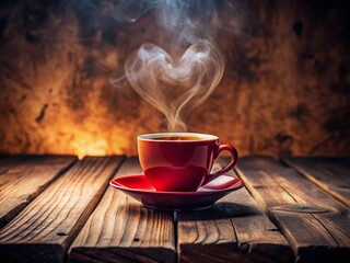 Fototapeta premium Cozy Coffee Cup with Heart Steam on Rustic Wood - Vintage Still Life Photo