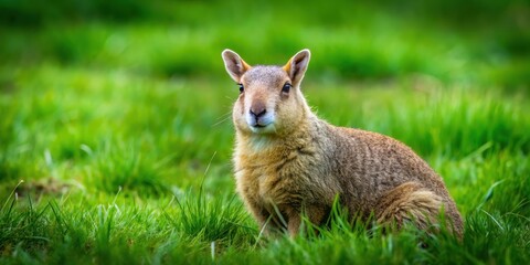 Mammal animal sitting in field of dark green grass with fleecy base, fleecy coat, field
