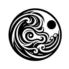 Abstract Wave Yin Yang Symbol - Black and White Vector Design