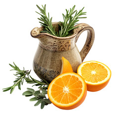 Orange Slices Cilantro and Rosemary in a Ceramic Jug Isolated on Transparent Background