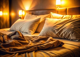 Cozy Nighttime Bedroom: Empty Wrinkled Bed, Soft Lighting, Macro Detail