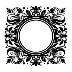Elegant Black & White Floral Frame with Blank Circle, Vector Design
