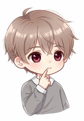 Obraz premium Introspective anime boy pondering choices and contemplating future paths with thoughtful expression and delicate artistic illustration on a white backdrop