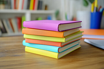 colorful stack of hardcover books on wooden desk in classroom or study area