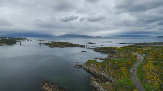 Skye Bridge over Loch Alsh from a drone, Kyle of Lochalsh, Isle of Skye, Scotland, England