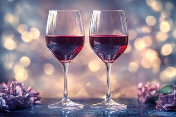 Naklejka premium romantic setting with two glasses of red wine and roses in soft natural light