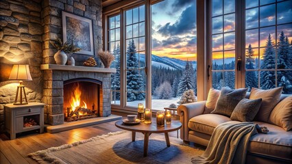 Fototapeta premium Cozy Winter Home Panorama: Warm Fireplace, Snowy Landscape