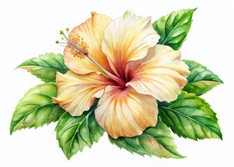 Cream Watercolor Hibiscus Flower with Green Leaves - Abstract Botanical Art PNG