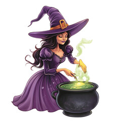 A Cartoon Witch Stirring a Cauldron Isolated on Transparent Background