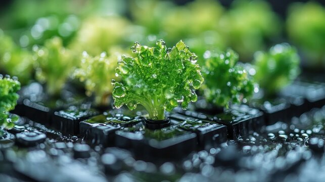Hydroponic Greens: A Close-Up of Vibrant, Dew-Kissed Lettuce Seedlings Thriving in a Modern, Sustainable Farming System
