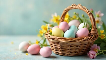 Pastel dyed eggs in a wicker basket, spring flowers nearby, decoration, pale yellow, light green