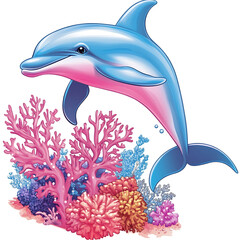 Cartoon Dolphin Swimming Through Coral Isolated on Transparent Background