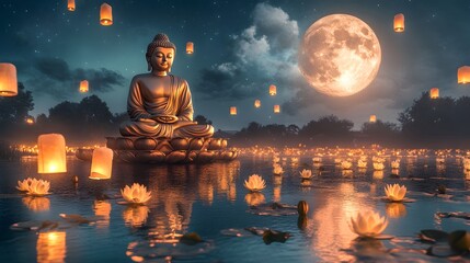 Buddha statue amidst floating lanterns on a serene lake at night