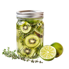 Kiwi Thyme and Lime Pickled Cucumber in Mason Jar Isolated on Transparent Background