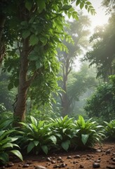 Fototapeta premium Young coffee plants thrive amidst abundant greenery, showcasing early growth stage , Coffee plant, germination, growth