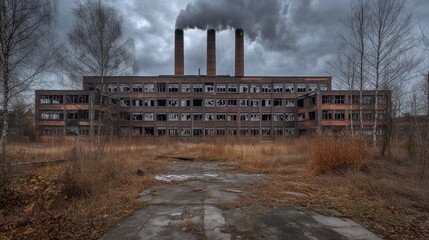Fototapeta premium Abandoned industrial building with three smokestacks
