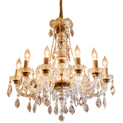A Luxurious Crystal Clear Glass Chandelier with Gold Finish and Crystal Drops Isolated on Transparent Background