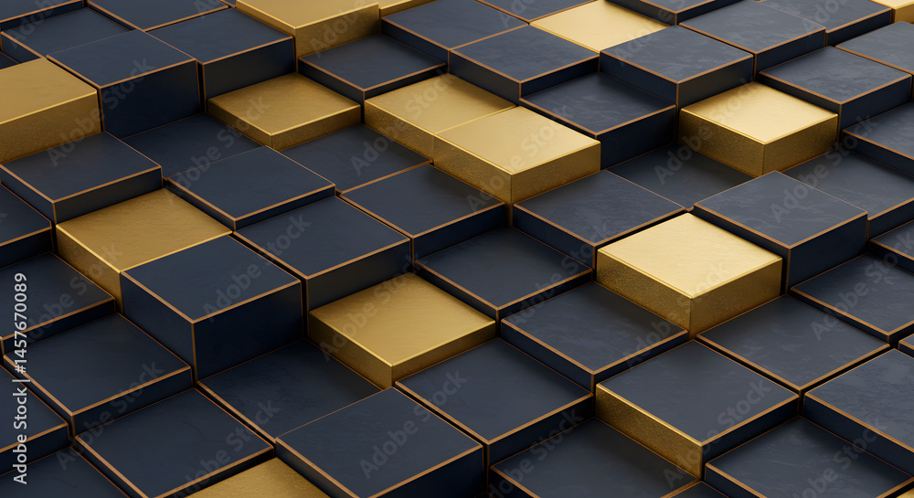 Poster dynamic 3d render of blue and gold cubes creating a textured surface with contrasting hues and dimen