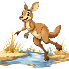 A Cartoon Kangaroo Jumping Over a Pond Isolated on Transparent Background